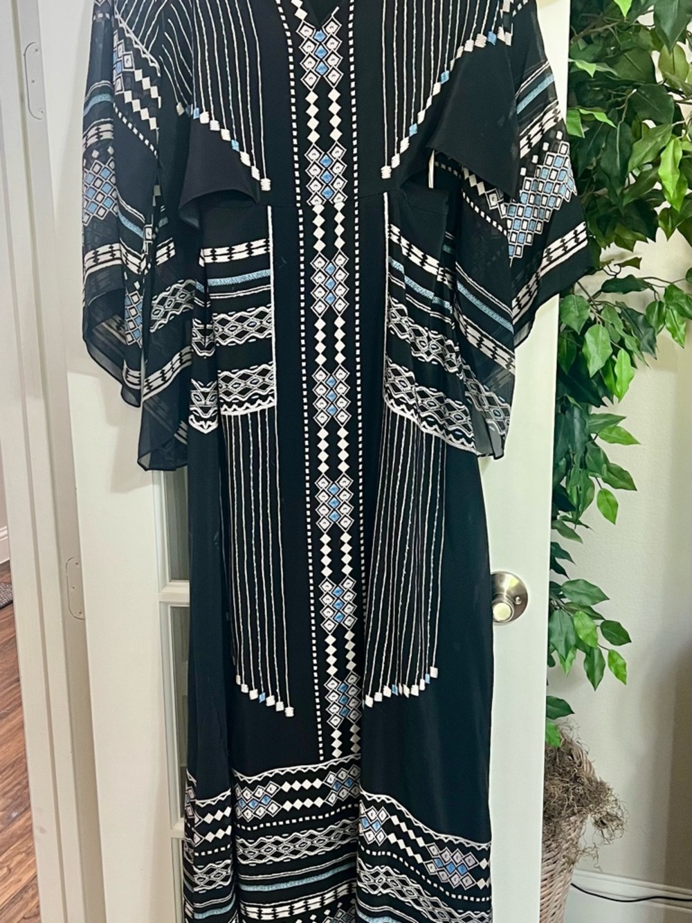 BCBGMaxAzria Black Maxi Dress with Blue and White Geometric Embroidery